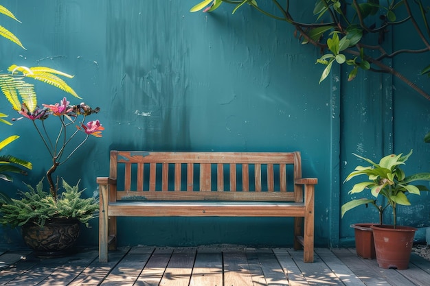 Wooden Bench Against a Teal Wall in a Garden Setting