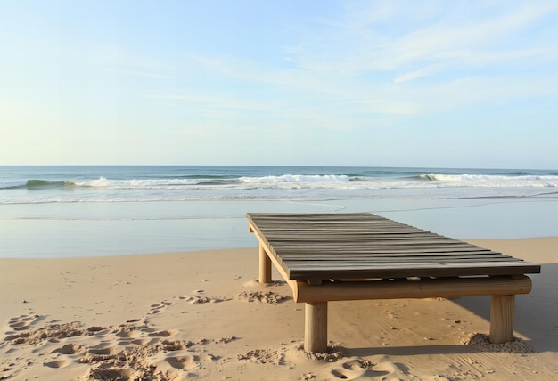 a wooden bench on the beach with the ocean in the background