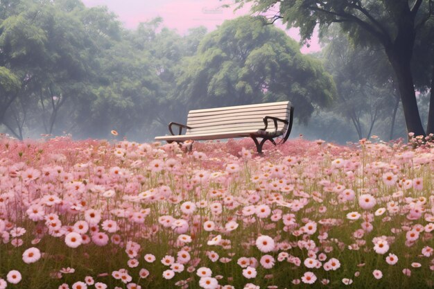 Wooden bench and cosmos flower field in the morning vintage tone