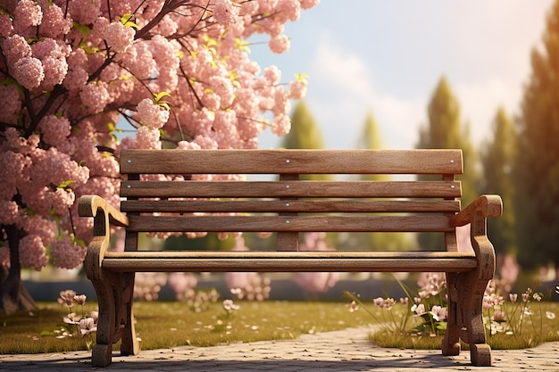 Wooden Bench in Garden with Beautiful Pink Flowers at Springtime