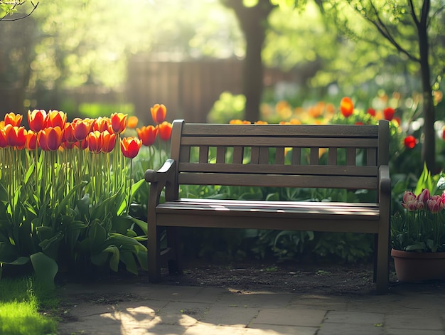 Photo wooden bench in a garden with red and yellow tulips