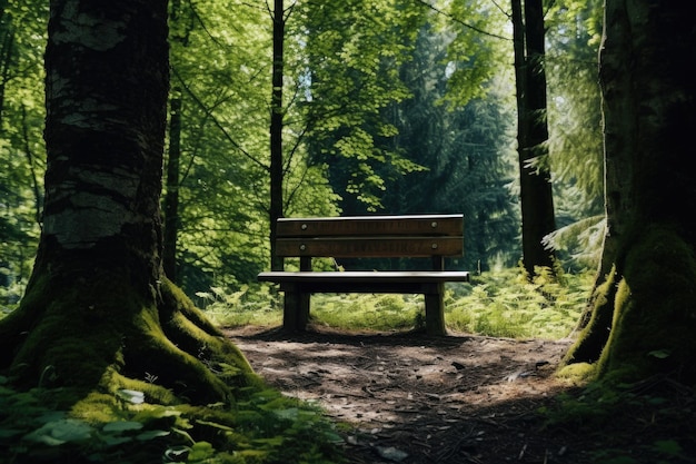 A wooden bench is sitting in a forest