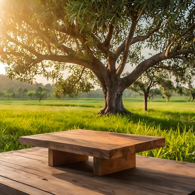 a wooden bench is on a wooden platform in a field of grass