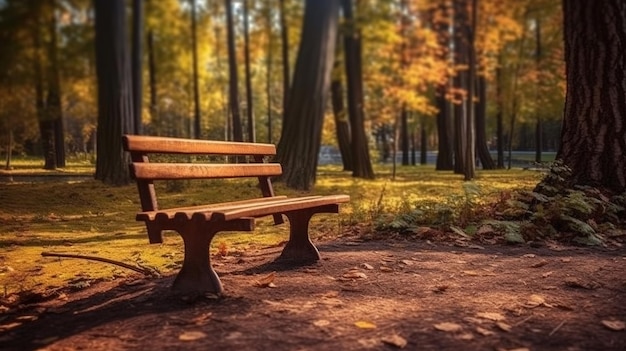 A wooden bench in a park with trees in the background.