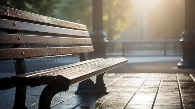 Wooden Bench on Sidewalk A Simple Spot to Rest in Urban Setting