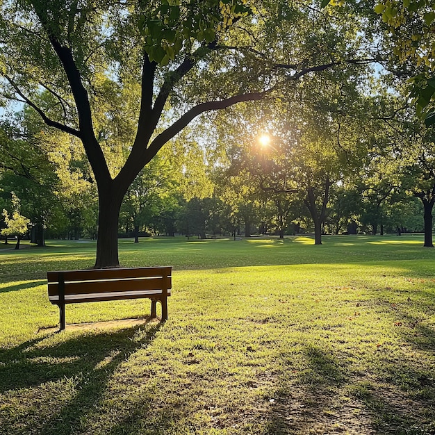 A wooden bench sits beneath a large tree in a park with the sun shining through the leaves