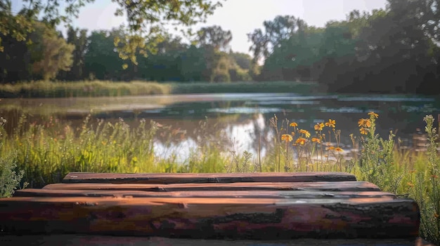 Photo a wooden bench sits by a calm pond surrounded by tall green grass trees and yellow wildflowers