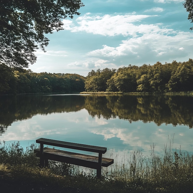 A wooden bench sits by a tranquil lake surrounded by lush trees