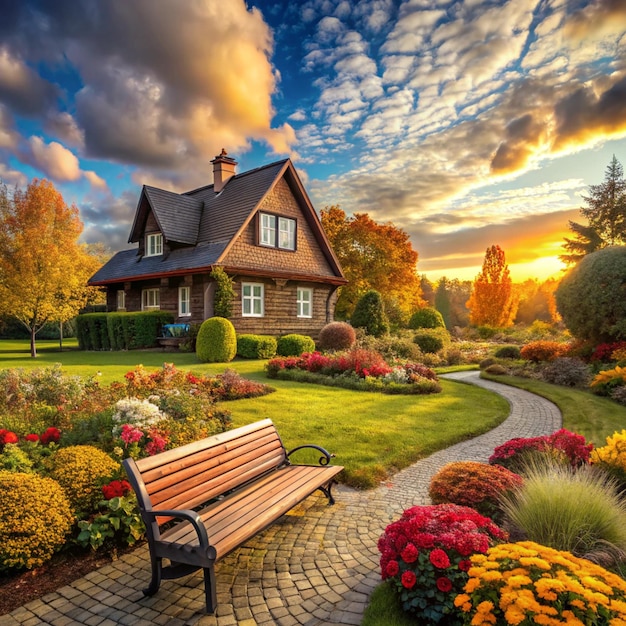 a wooden bench sits in front of a house with a sky background