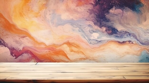 A wooden bench sitting in front of a painting Generative AI