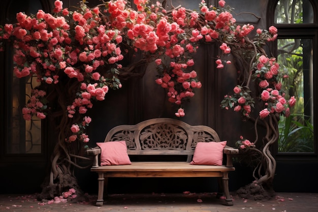 Wooden bench surrounded by pink roses By generative Ai