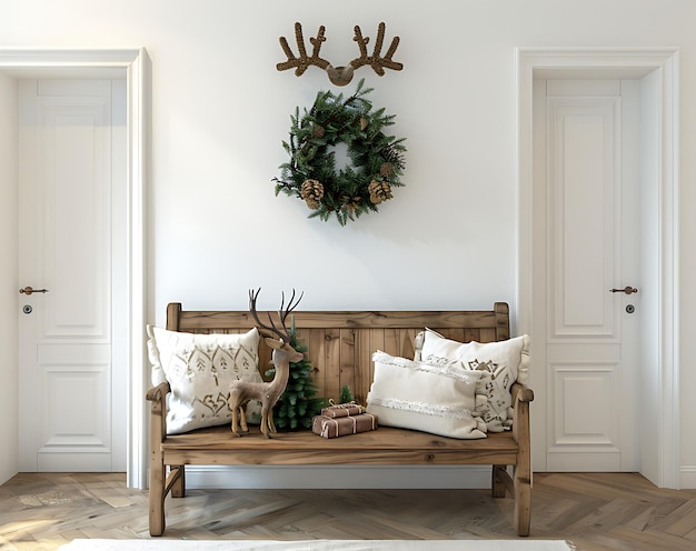 Photo a wooden bench with christmas pillows stands against the wall in an entrance hall decorated for christmas