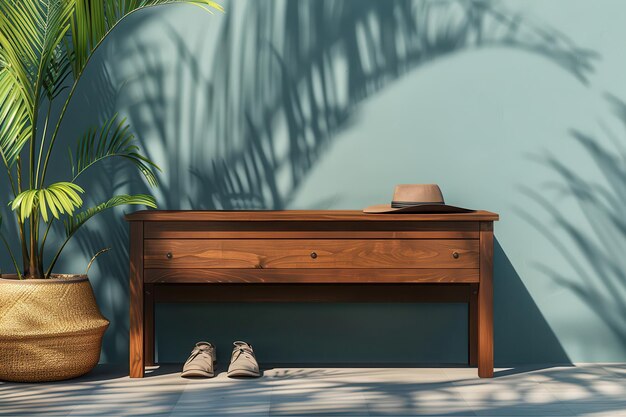 Wooden Bench With Hat and Shoes Against a Teal Wall With Palm Tree Shadow