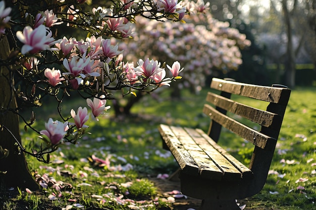 Photo a wooden bench with pink flowers in the background