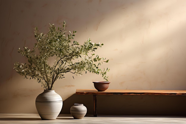 A wooden bench with a plant and two vases