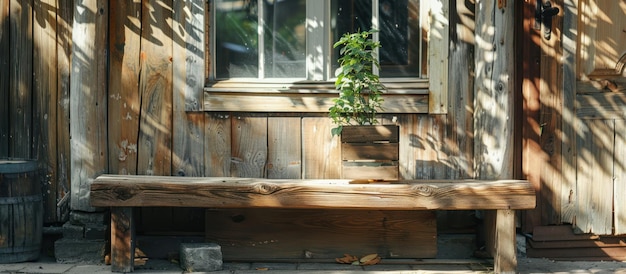 Wooden bench with potted plant by window