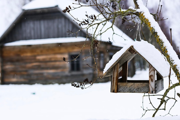 Wooden bird feeder on a tree Winter Russian landscape Abandoned village covered in snow Wooden log houses The concept of caring for nature and birds