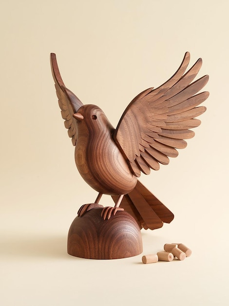 Photo a wooden bird statue with a brown beak and feet