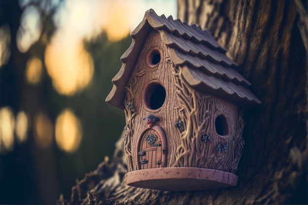 Wooden birdhouse on tree trunk