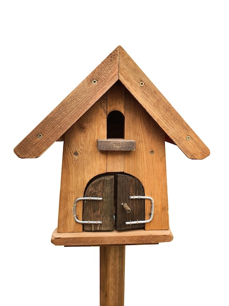 A wooden birdhouse with a roof that says'birdhouse'on it