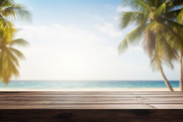 Wooden black table top on blur tropical beach background displayyour products