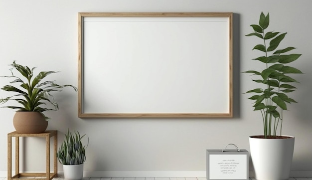 Wooden blank frame mockup on wall in modern interior Horizontal artwork Generative Ai