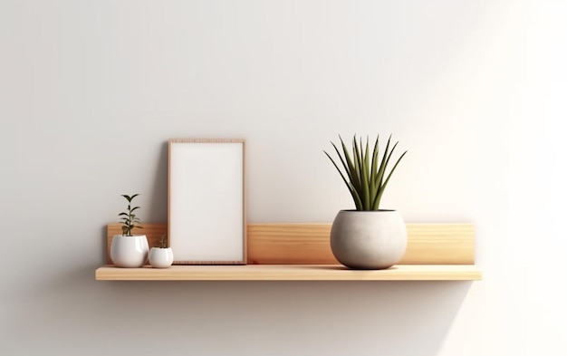 Photo wooden blank shelf with plant on white wall background