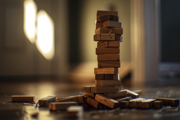 wooden block tower collapse chaos