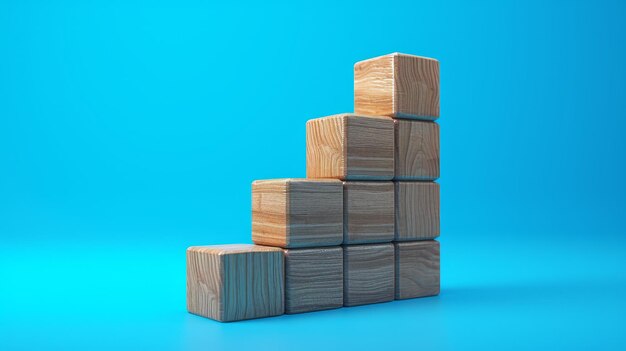 Wooden blocks arranged as a staircase on a blue background