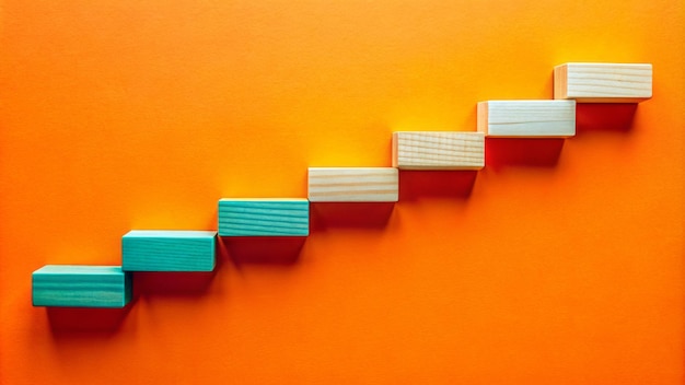 Photo wooden blocks forming a timeline with milestones on a bright orange background