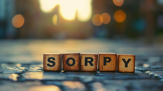 Photo wooden blocks spelling sorry on stone pavement