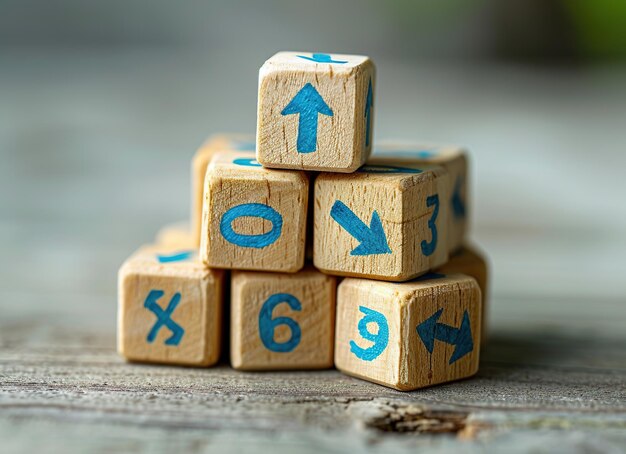 Wooden Blocks with Blue Arrows and Numbers