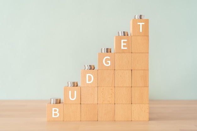 Photo wooden blocks with budget text of concept and coins.