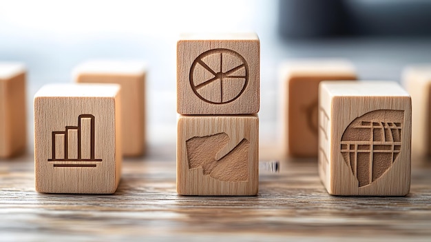 Photo wooden blocks with carved business icons