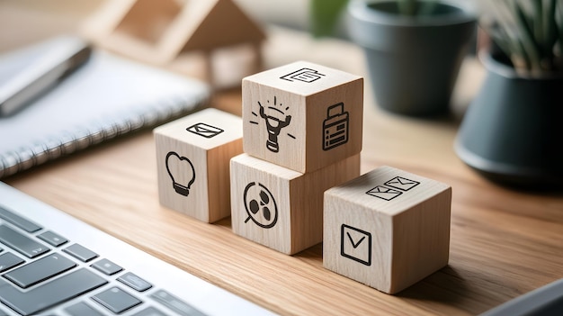 Photo wooden blocks with icons representing business strategy and growth