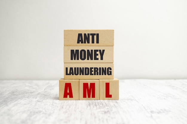 On the wooden blocks with the inscription AML AntiMoney Laundering