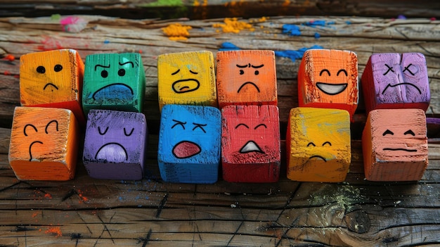 Photo wooden blocks with painted faces displaying a range of emotions