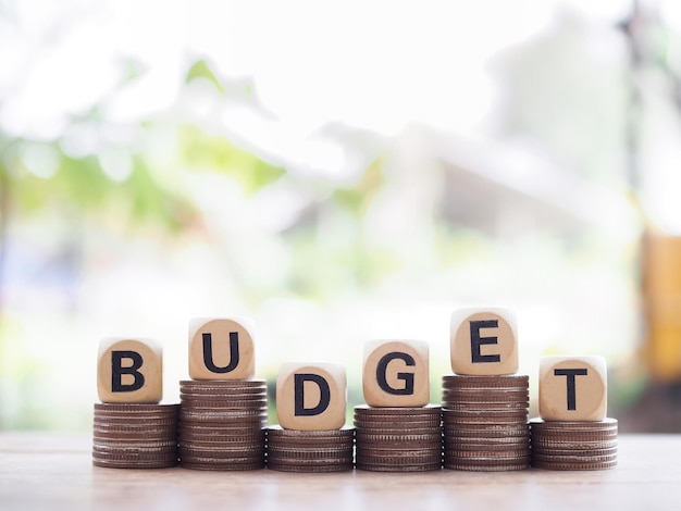 Photo wooden blocks with the word budget on stack of coins the concept about budget planning and allocation