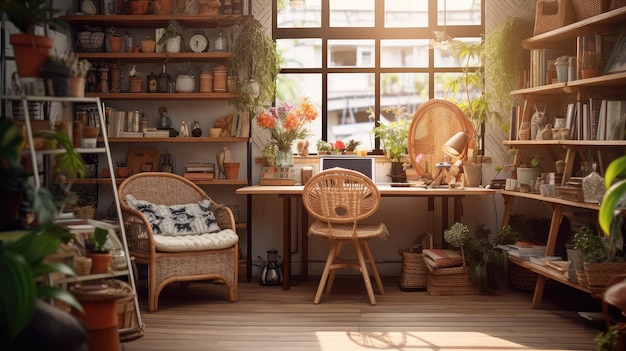 Wooden blurred boho interior design