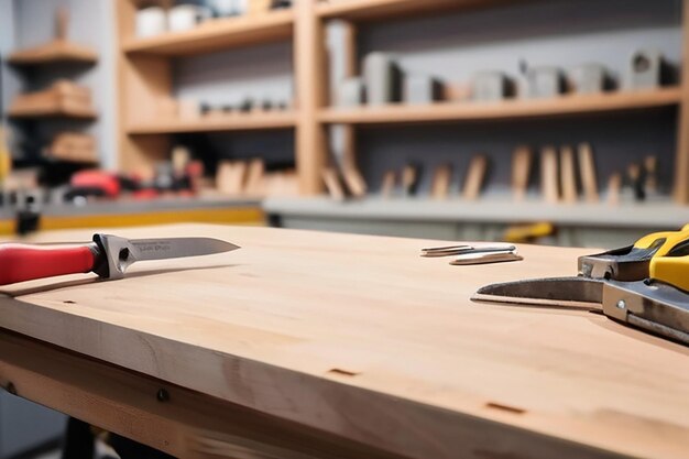 Wooden Board Against a Defocused Workshop Filled with Tools DIY Products