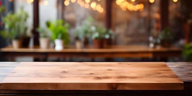 Wooden board on blurred coffee shop background for product display Concept Product Photography Coffee Shop Setting Wooden Background Styled Shoot Brand Promotion