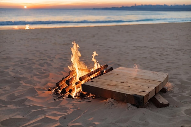 Wooden board by a bonfire on the beach