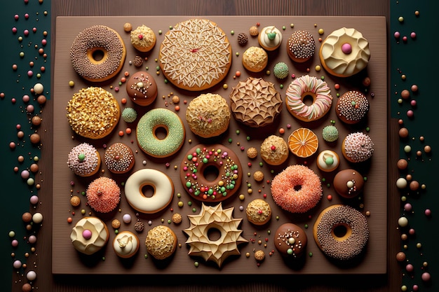 A wooden board covered in festive balls and delicious doughnuts