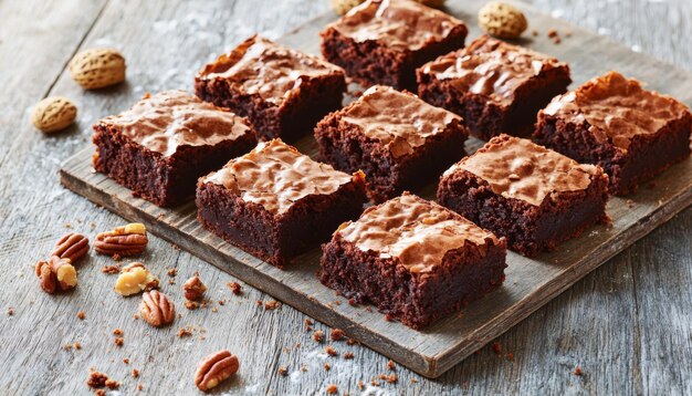 A wooden board displays freshly baked brownies cut into squares surrounded by nuts on a rustic table