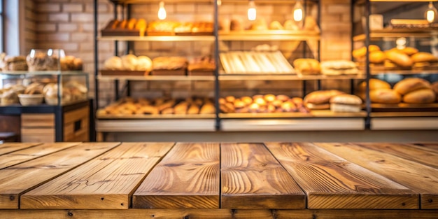 Photo wooden board empty table background abstract blurred bakery shop background