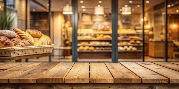 Photo wooden board empty table background abstract blurred bakery shop background