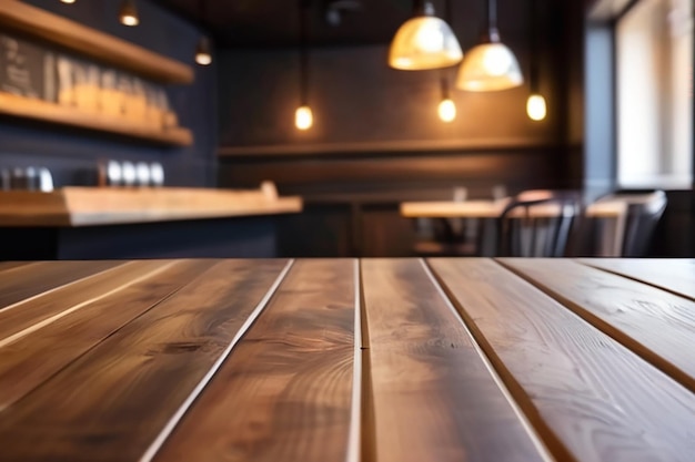 Wooden board empty table background abstract blurred cafe background