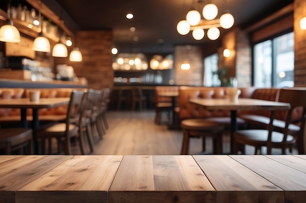 Wooden board empty table background abstract blurred cafe background