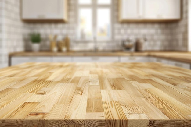 Wooden board empty table blurred background in big white kitchen