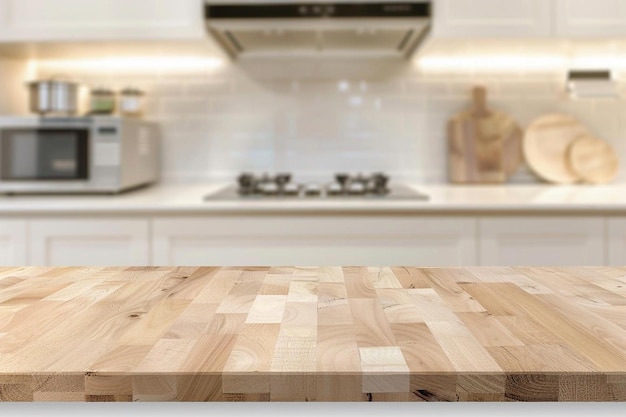 Wooden board empty table blurred background in big white kitchen